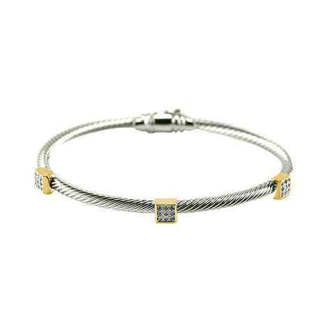 Modern Cable Wire Mini Square With CZs Two Tone Brass Bangle