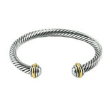Modern Thick Textured Cable Wire Band With Simple Silver Ends Brass Bangle