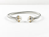 Modern Cable Wire Design With Duo Pearl Stone Ends Brass Cuff Bangle