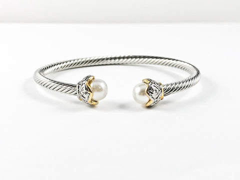Modern Cable Wire Design With Duo Pearl Stone Ends Brass Cuff Bangle