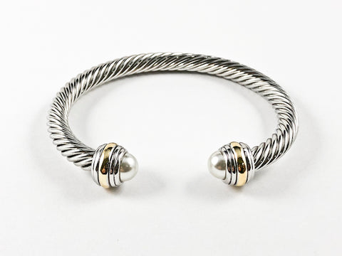 Modern Thick Cable Wire Design 2 Tone Style Duo Pearl Ends Cuff Brass Bangles