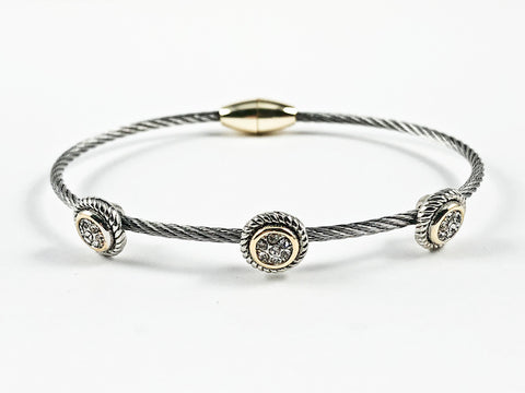 Modern Thin Wire Band With Triple Round Halo CZ Disc Design Two Tone Magnetic Brass Bracelet
