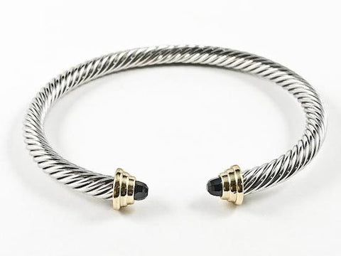Modern Texture Wire Black Crystal Duo Ends Style 2 Tone Brass Cuff Bangle