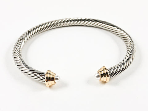 Modern Cable Wire With Dainty Sharp Pearl Duo Ends Two Tone Brass Bangle