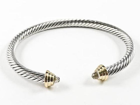 Modern Texture Wire Crystal Duo Ends Style 2 Tone Brass Cuff Bangle