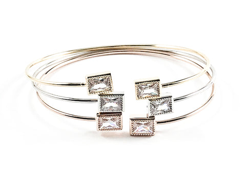 Elegant Tri Color 3 Piece Set Rectangular CZ Cuff Brass Bangle