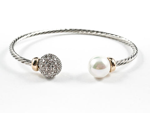 Fancy Round Micro Crystal Ball & Pearl Duo Ends Wire Texture Brass Cuff Bangle