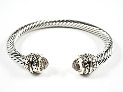 Nice Wire Texture Duo Filigree Style Clear CZ Ends Brass Bangle