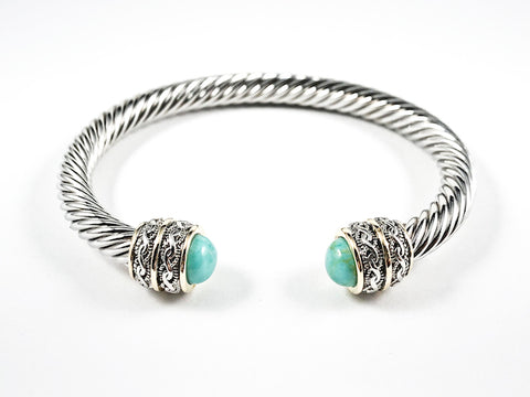 Nice Wire Texture Duo Filigree Style Turquoise Ends Brass Bangle