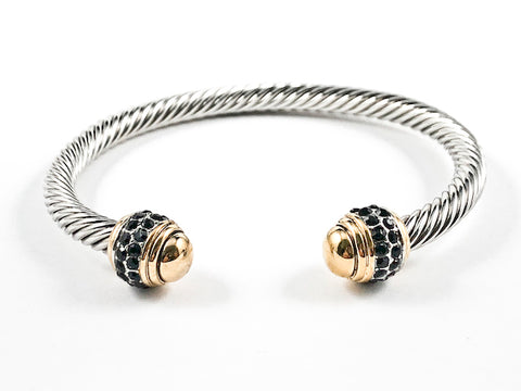 Nice Wire Texture Duo Gold Tone Cap Ends With Black CZ Design Brass Bangles