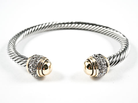 Nice Wire Texture Duo Gold Tone Cap Ends With Clear CZ Design Brass Bangles