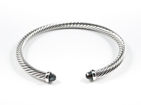 Modern Thin Cable Wire Texture With Dainty Black Crystal Duo Ends Brass Cuff Bangle