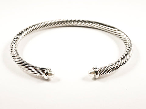 Modern Thin Cable Wire Texture With Dainty Pearl Duo Ends Brass Cuff Bangle