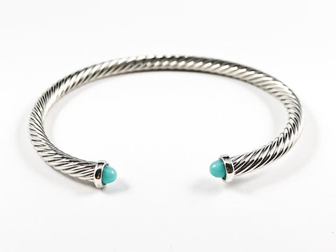 Modern Thin Cable Wire Texture With Dainty Turquoise Crystal Duo Ends Brass Cuff Bangle
