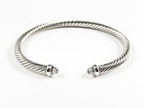 Modern Thin Cable Wire Texture With Dainty Crystal Duo Ends Brass Cuff Bangle