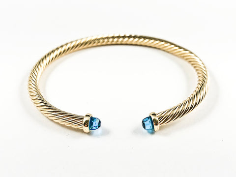 Modern Thin Cable Wire Texture With Dainty Blue Crystal Duo Ends Gold Tone Brass Cuff Bangle