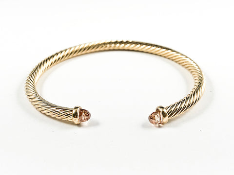 Modern Thin Cable Wire Texture With Dainty Champagne Crystal Duo Ends Gold Tone Brass Cuff Bangle