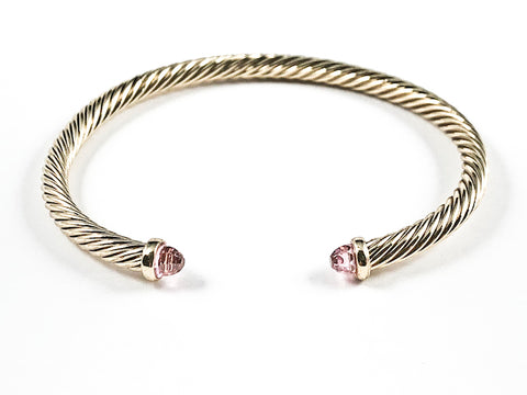 Modern Thin Cable Wire Texture With Dainty Pink Crystal Duo Ends Gold Tone Brass Cuff Bangle