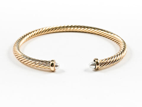 Modern Thin Cable Wire Texture With Dainty Pearl Duo Ends Gold Tone Brass Cuff Bangle