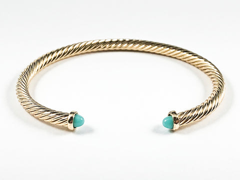 Modern Thin Cable Wire Texture With Dainty Turquoise Crystal Duo Ends Gold Tone Brass Cuff Bangle