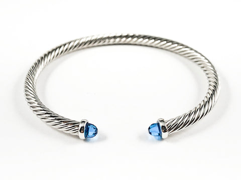 Modern Thin Cable Wire Texture With Dainty Blue Crystal Duo Ends Brass Cuff Bangle