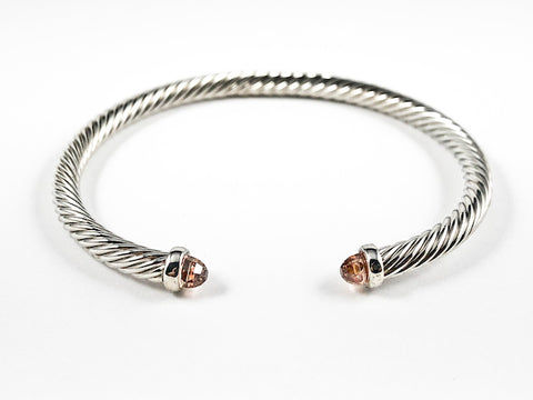 Modern Thin Cable Wire Texture With Dainty Champagne Crystal Duo Ends Brass Cuff Bangle