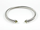 Modern Thin Cable Wire Texture With Dainty Crystal Duo Ends Brass Cuff Bangle