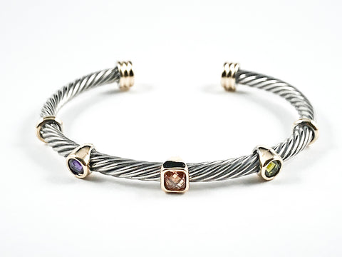 Modern Multi Color CZ Two Tone Cable Wire Brass Cuff Bangle