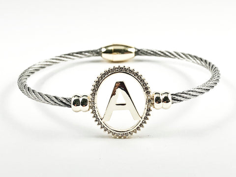 Modern Oval Shape A Initial Two Tone Style Wire Texture Magnetic Clasp Brass Bracelet Bangle