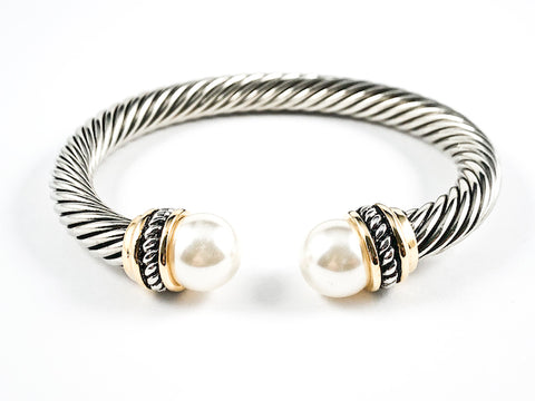 Modern Thick Cable Wire Style Large Round Pearl Duo Ends 2 Tone Brass Cuff Bangle