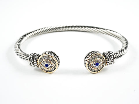 Modern Round Evil Eye Center Blue CZ Duo Ends Cable Wire Brass Bangle