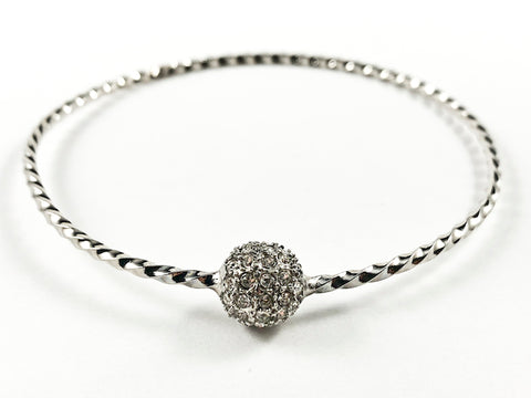 Elegant Textured Thin Shiny Metallic Band With Center Micro Setting Crystal Ball Fashion Bangle