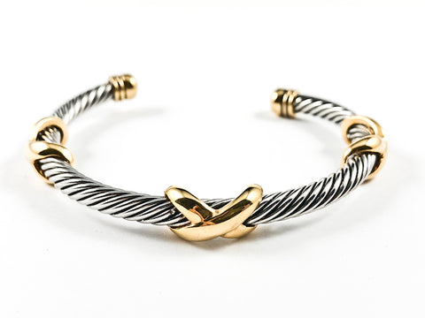 Unique Textured Wire Band With Multi Gold Tone X Mark Brass Bangle