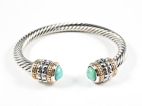 Modern Thick Wire Layered Duo Crown Design With Turquoise Ends Brass Bangle