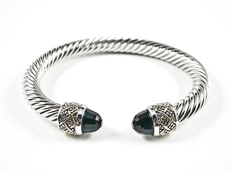 Modern Thick Textured Cable Wire Band Large Duo Black Color Crystals Cuff Brass Bangle