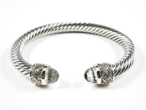 Modern Thick Textured Cable Wire Band Large Duo Clear Color Crystals Cuff Brass Bangle
