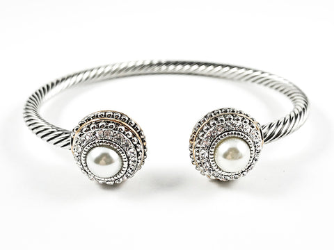 Modern Cable Wire Design Band With Large Round Pearl Duo End Stones Brass Cuff Bangle