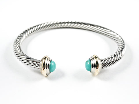 Beautiful Thick Cable Wire Design Band With Turquoise Duo End Stones Brass Cuff Bangles