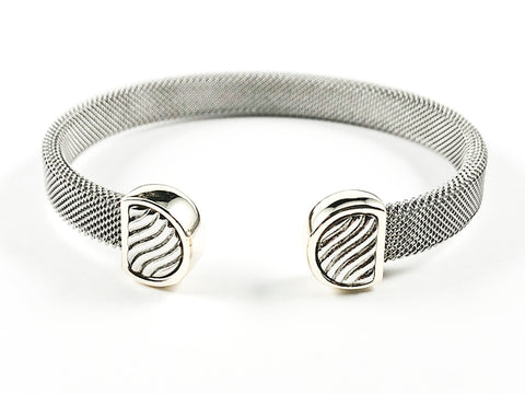 Modern Thick Mesh Textured Band Design Duo Wave Ends Design Two Tone Style Brass Cuff Bangle
