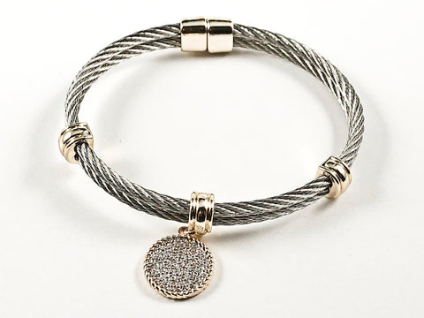 Modern Double Wire Band With Pave CZ Circle Disc Dangle Charm Two Tone Brass Bangle