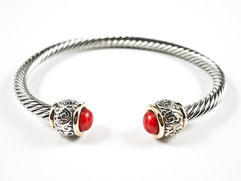 Beautiful Cable Wire Band Design Red Coral  Duo Stone Ends Brass Cuff Bangle