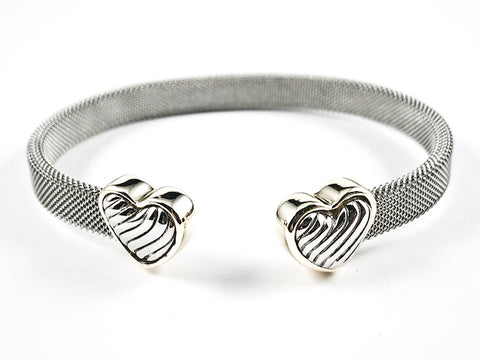 Modern Thick Mesh Textured Band Design Duo Heart With Wave Ends Design Two Tone Style Brass Cuff Bangle