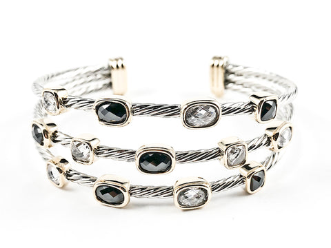 Modern Cable Wire Design Open Multi Row Clear & Black CZ Two Tone Brass Bangle