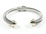 Nice Thick Wire Texture Band With Gold Tone Center X Mark & End Caps Brass Bangle