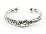 Nice Thick Wire Texture Band With Gold Tone Center X Mark & End Caps Brass Bangle