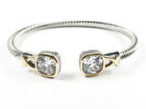Elegant Wire Band Texture Square Cut CZ Duo End Two Tone Style Brass Bangle
