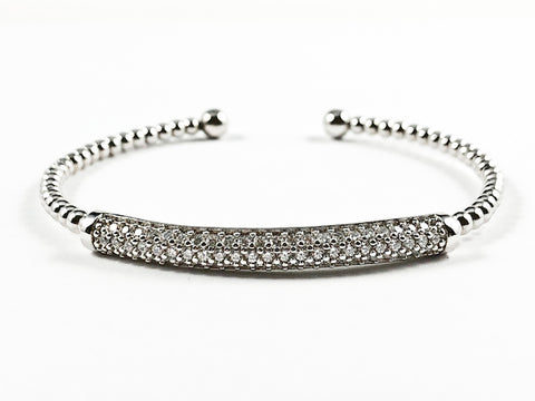 Elegant Ball Beads Band With Center Micro Setting CZ Long Bar Silver Tone Brass Bangle