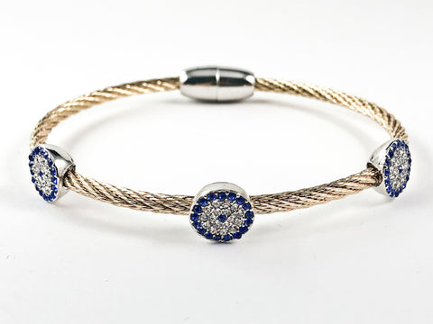 Modern Wire Band With Evil Eye Clear & Sapphire CZ Charm Magnetic Gold Tone Brass Bracelet Bangle