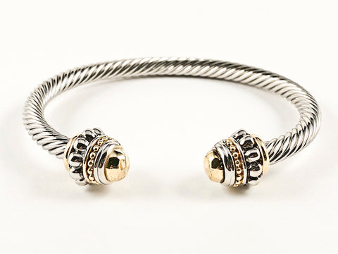 Modern Thick Wire Band With Duo Gold Tone End Caps & Crown Brass Cuff Bangle