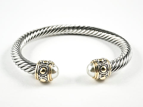 Modern Thick Wire Band With Duo Pearl Ends & Antique Style Crown Frames Two Tone Brass Bangle